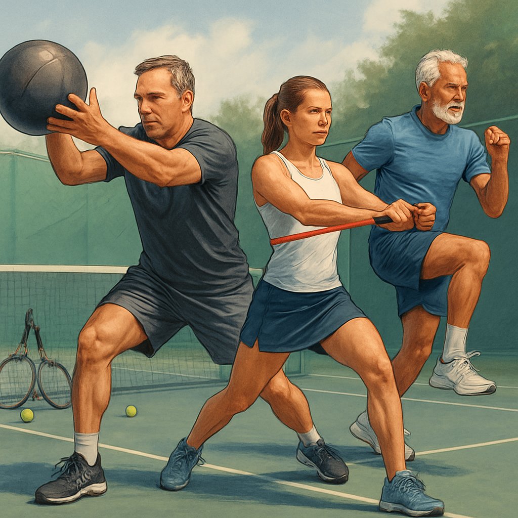Several tennis players of different ages performing power training exercises on a tennis court, including medicine ball throws, resistance band workouts, and explosive leg jumps.