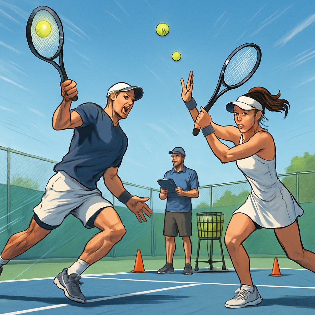 Two tennis players performing powerful serve drills on an outdoor court with a coach watching nearby.