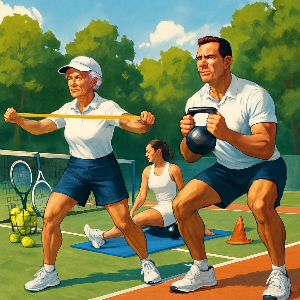 Tennis players of different ages doing power training and recovery exercises on a tennis court with equipment around them.