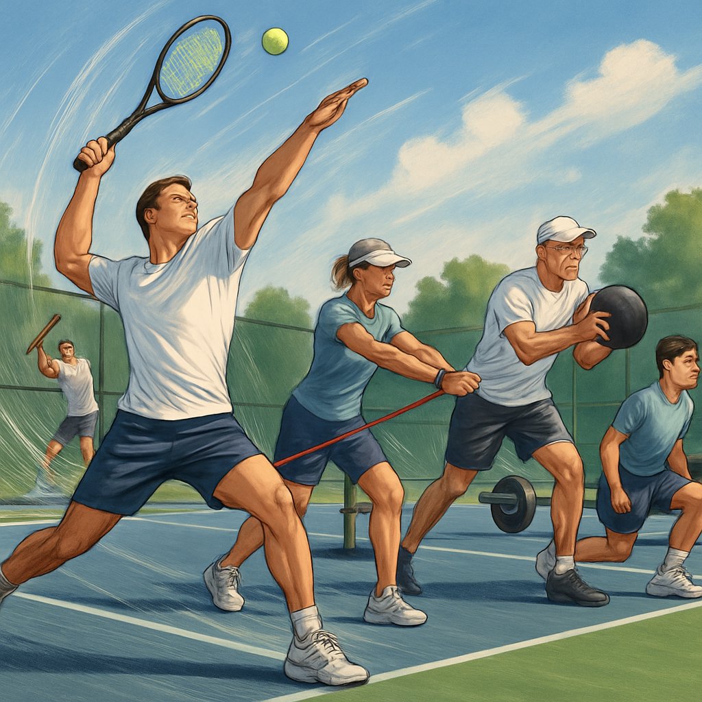 Tennis players of different ages training with equipment and practicing serves on an outdoor tennis court.