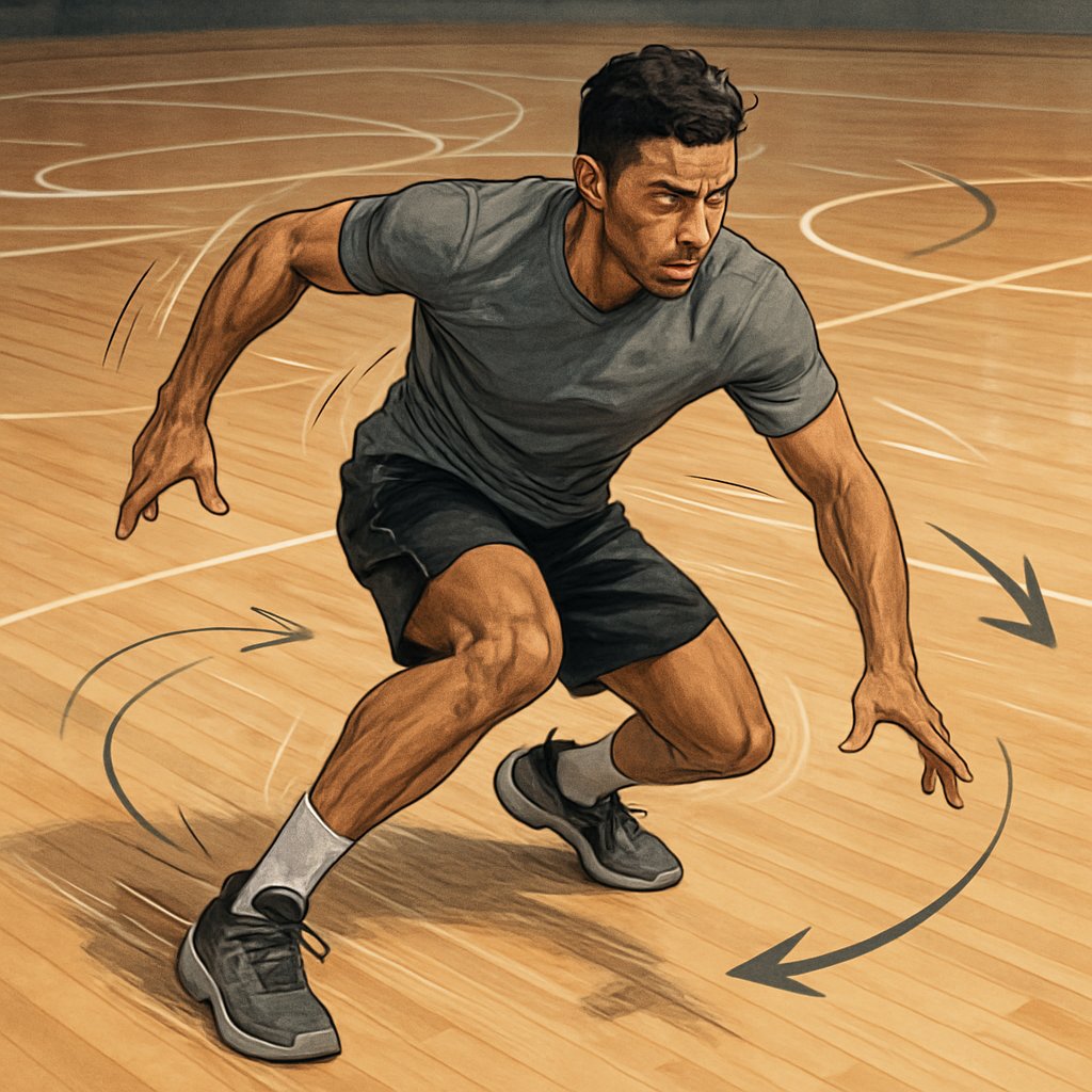An athlete swiftly changing direction on an indoor basketball court, demonstrating speed and agility.