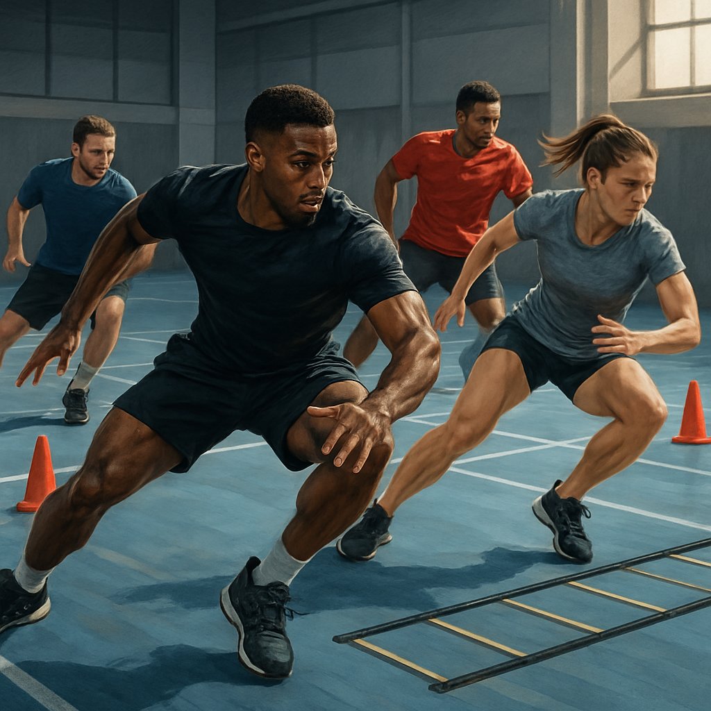 Athletes training on a sports court performing quick direction changes to improve movement and stability.