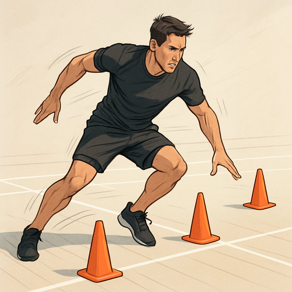 An athlete performing agility drills on a sports court, moving quickly around cones to practice speed and direction changes.