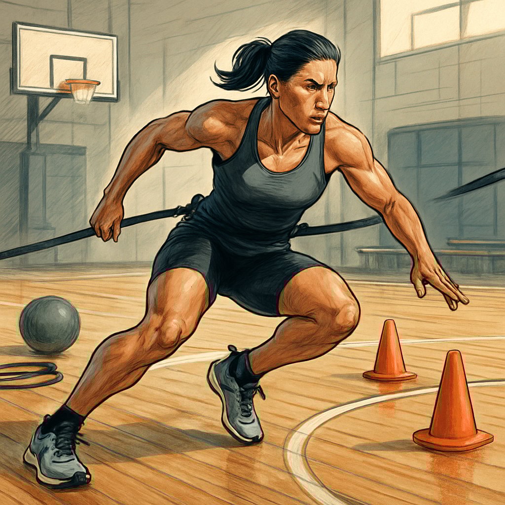 An athlete rapidly changing direction on a basketball court during a training session, surrounded by agility cones and workout equipment.