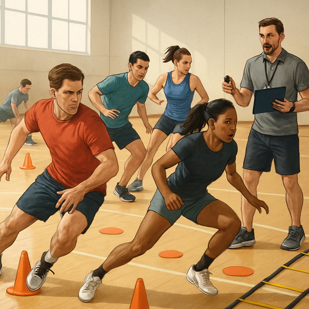 Athletes performing quick direction change drills on an indoor court with a coach observing and others warming up for injury prevention.