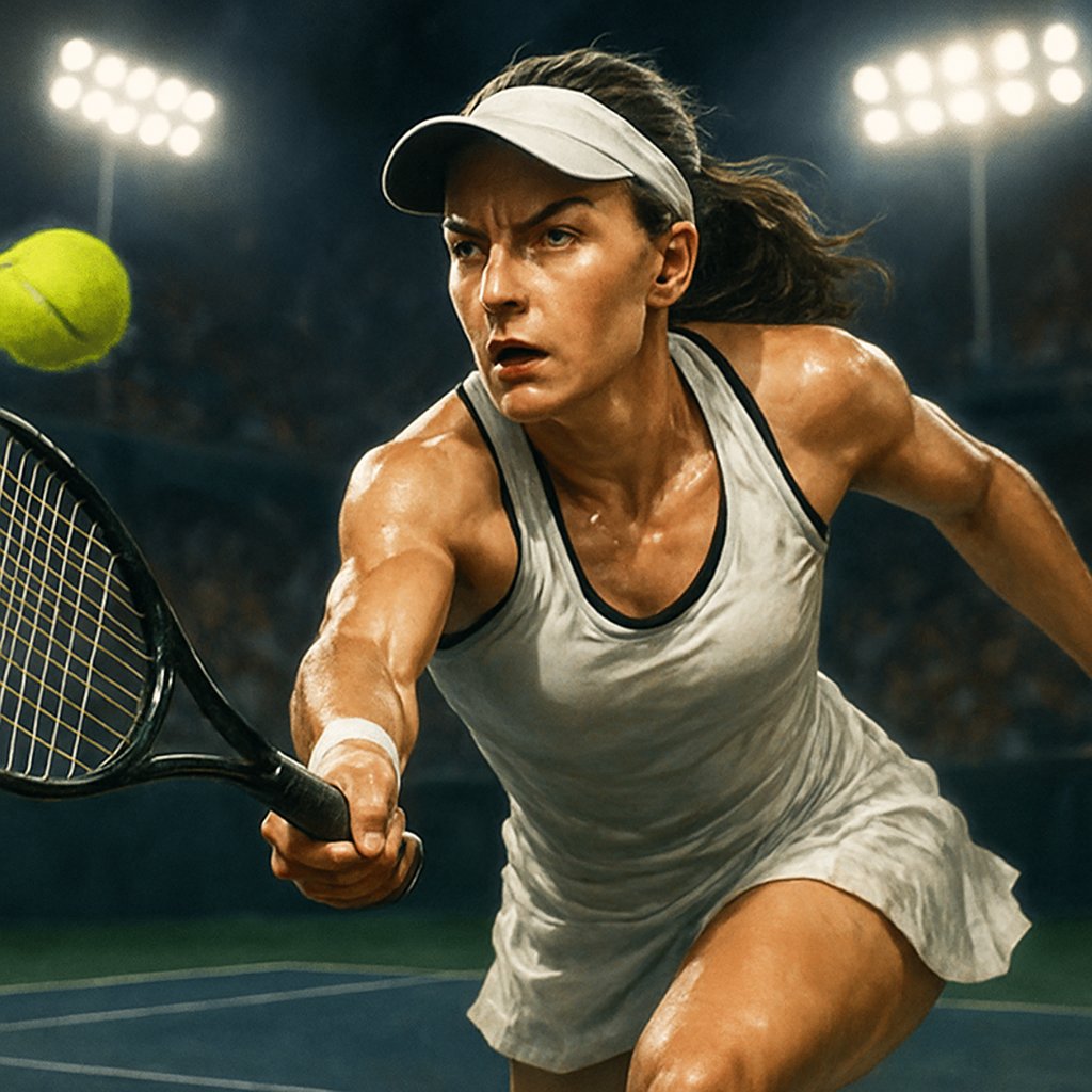 A female tennis player reaching to hit a ball on a tennis court with a focused expression during a match.