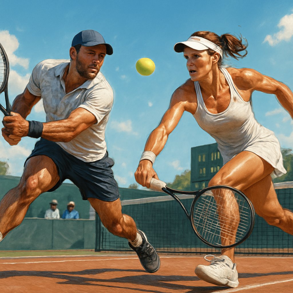 Two tennis players intensely competing in a long match on an outdoor court, showing effort and focus.
