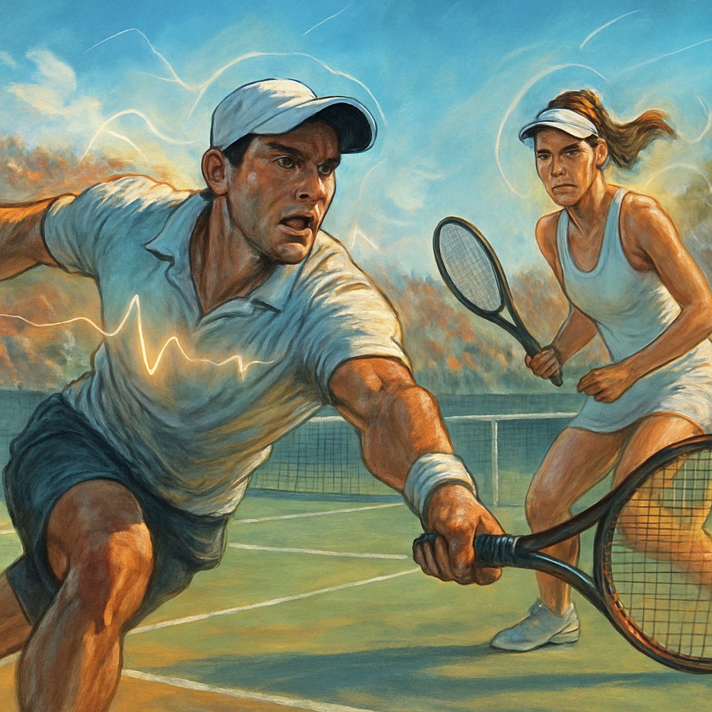 Two tennis players intensely competing on an outdoor court, showing determination and effort during a long match.