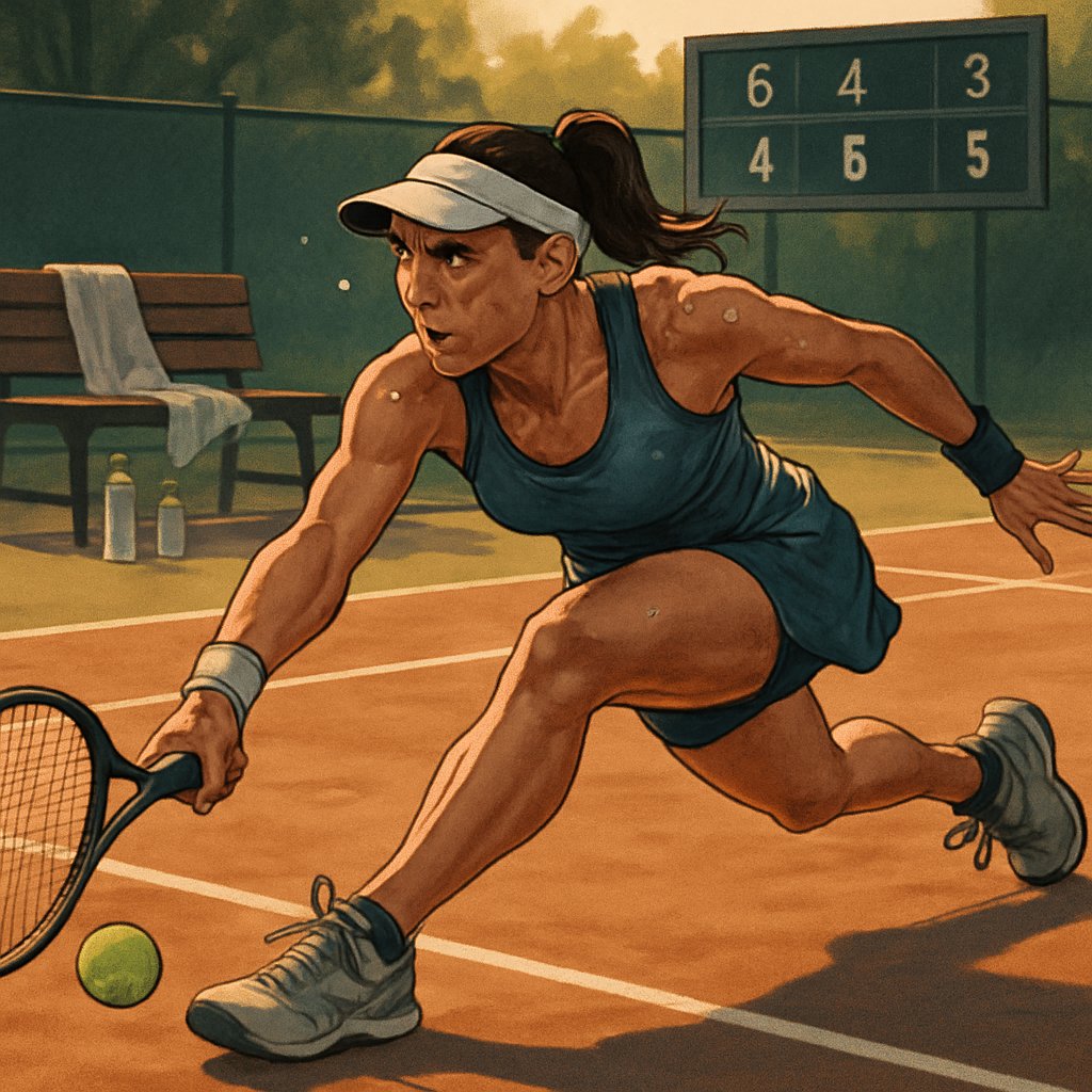 A female tennis player lunges to hit a low ball on an outdoor court during a long match, showing focus and effort.