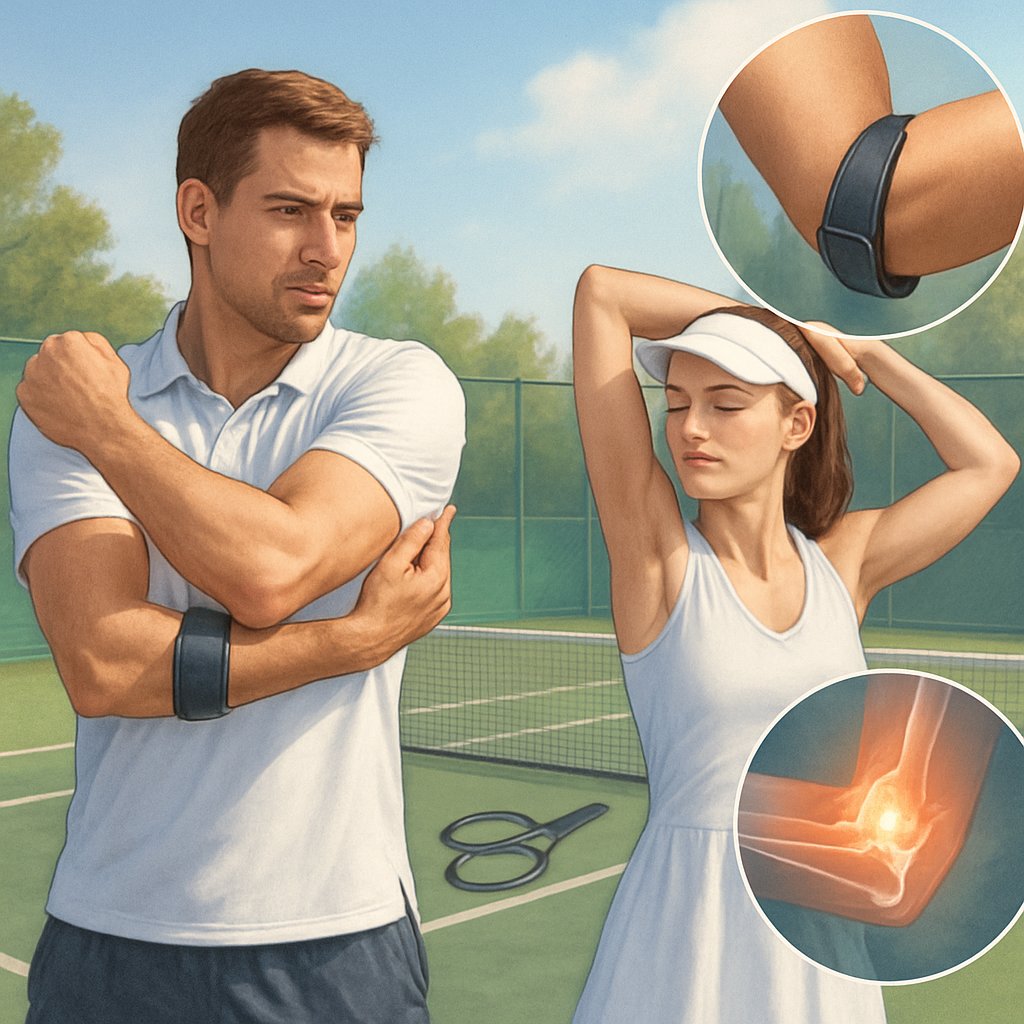 Two tennis players on a court performing arm stretches and wearing elbow support to prevent injury.