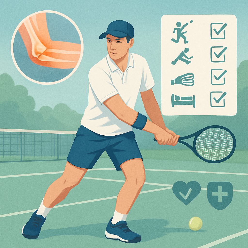 A tennis player wearing an elbow brace swings a racket on a tennis court, with visual elements showing an elbow joint and icons representing exercises and prevention.