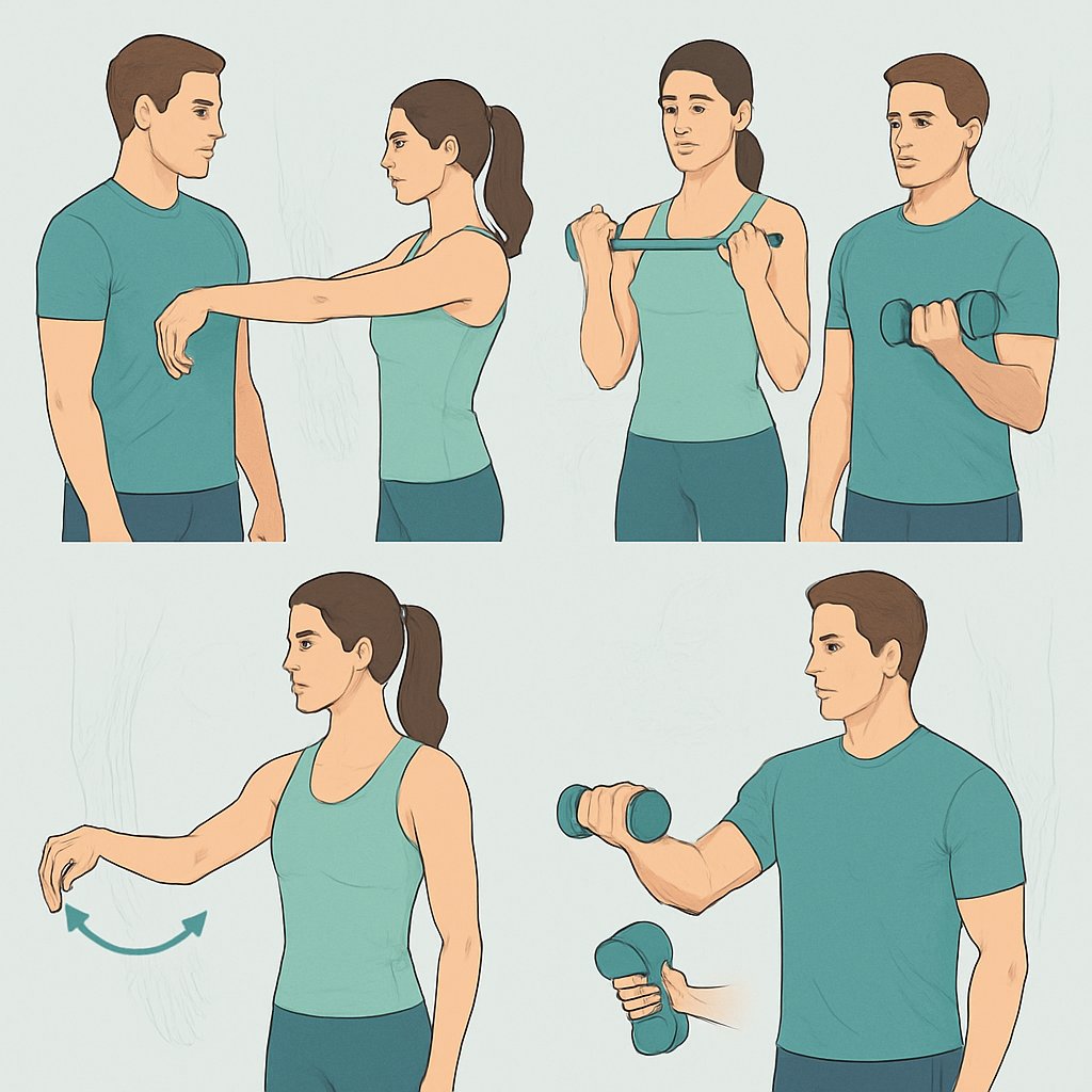 Two adults demonstrating arm and wrist exercises to prevent tennis elbow, showing different stretching and strengthening movements.