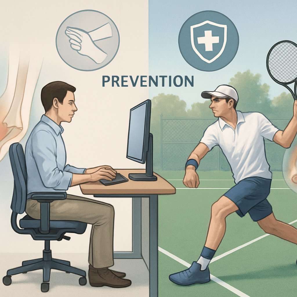 A person working at an ergonomic office desk and a tennis player swinging a racket on a court, both demonstrating proper posture and equipment to prevent elbow injury.