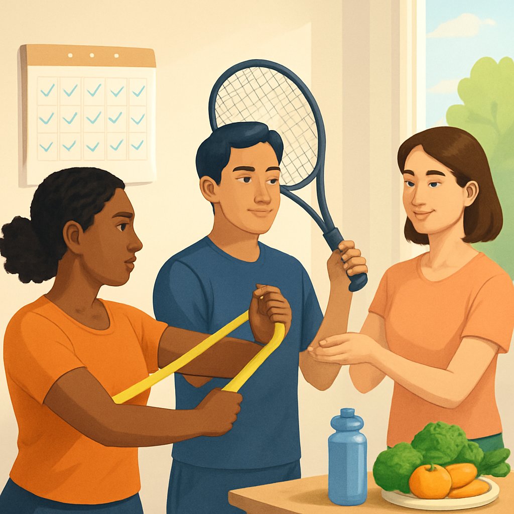 People stretching and exercising their forearms with a tennis racket nearby, surrounded by healthy foods and a calendar, in a bright room with natural light.