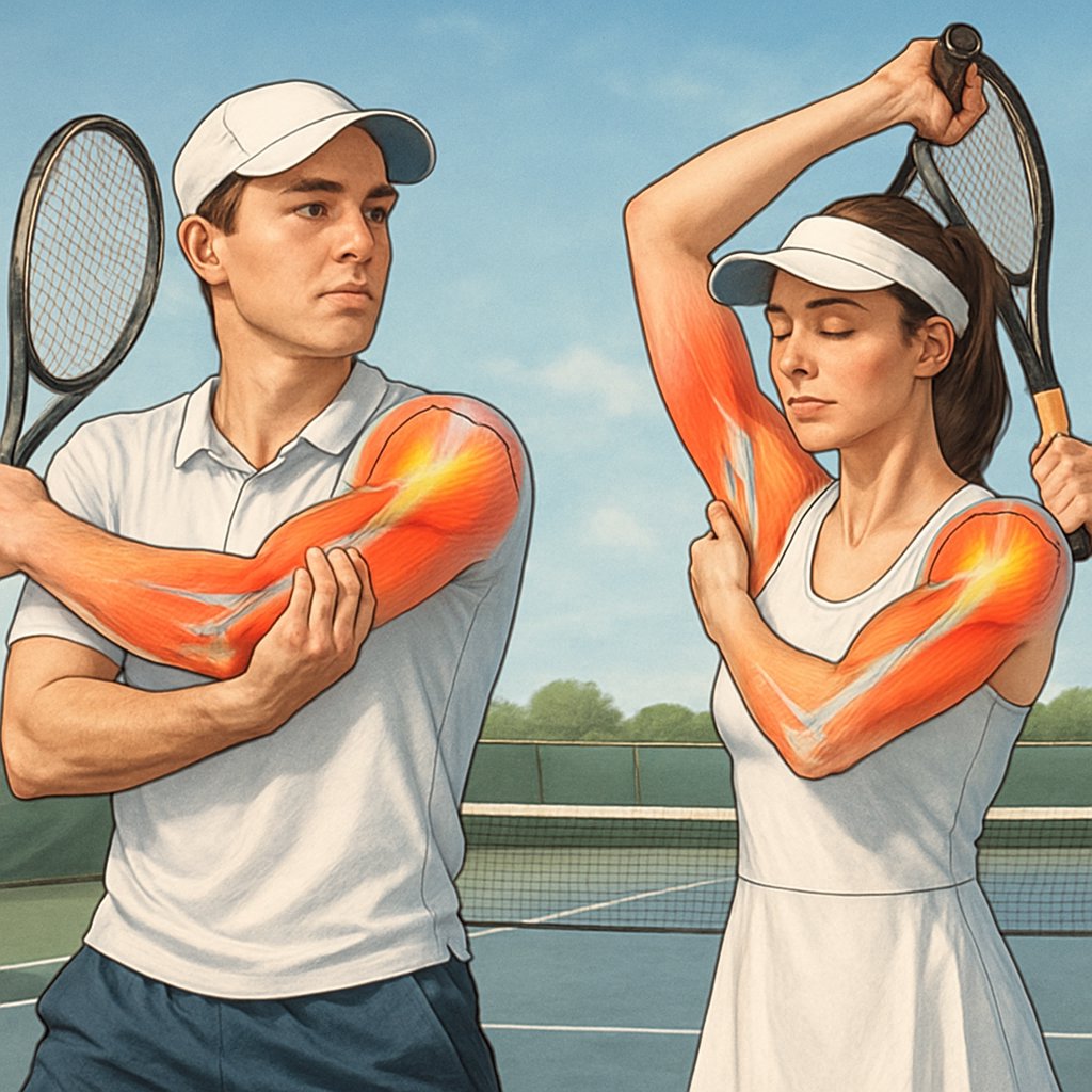 Two tennis players on a court performing shoulder warm-up and injury prevention exercises with highlighted shoulder muscles.