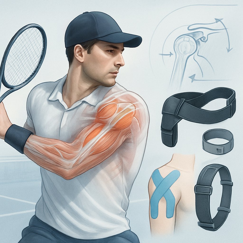 A tennis player swinging a racket with a focus on the shoulder muscles and anatomy, showing injury prevention elements like braces and kinesiology tape.