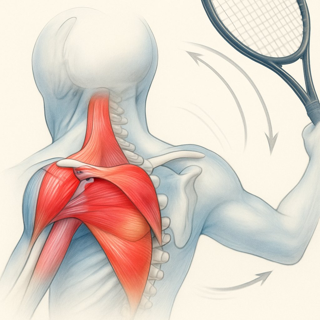 A detailed anatomical illustration of a human shoulder showing muscles and bones involved in tennis movements, with arrows indicating motion and areas prone to injury.