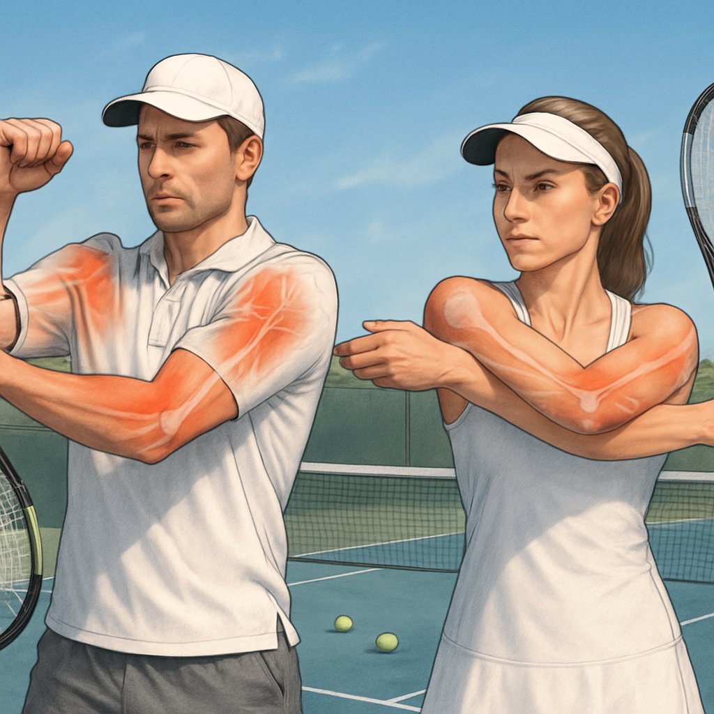 Two tennis players on a court performing shoulder warm-up stretches with anatomical highlights on their shoulder muscles.