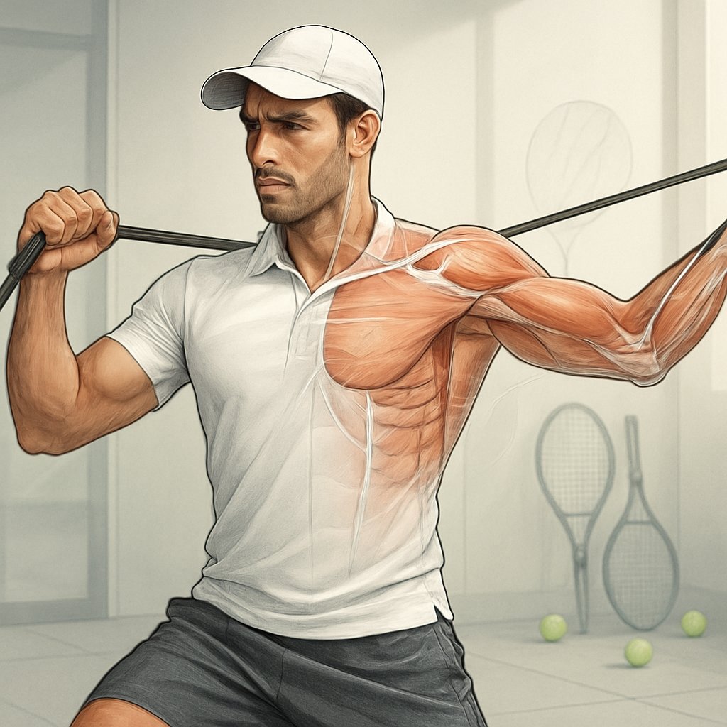 A male tennis player performing shoulder conditioning exercises with resistance bands in a gym, with anatomical highlights on shoulder muscles.