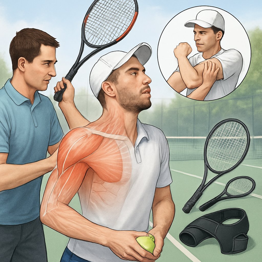 A tennis player preparing to serve with an anatomical overlay on his shoulder, a physiotherapist examining his shoulder, and an inset showing shoulder warm-up stretches on a tennis court.