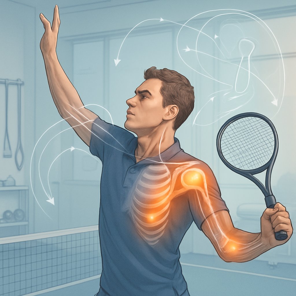 A male tennis player preparing to serve, with highlighted shoulder muscles and motion arrows, set in a sports clinic environment with exercise equipment in the background.