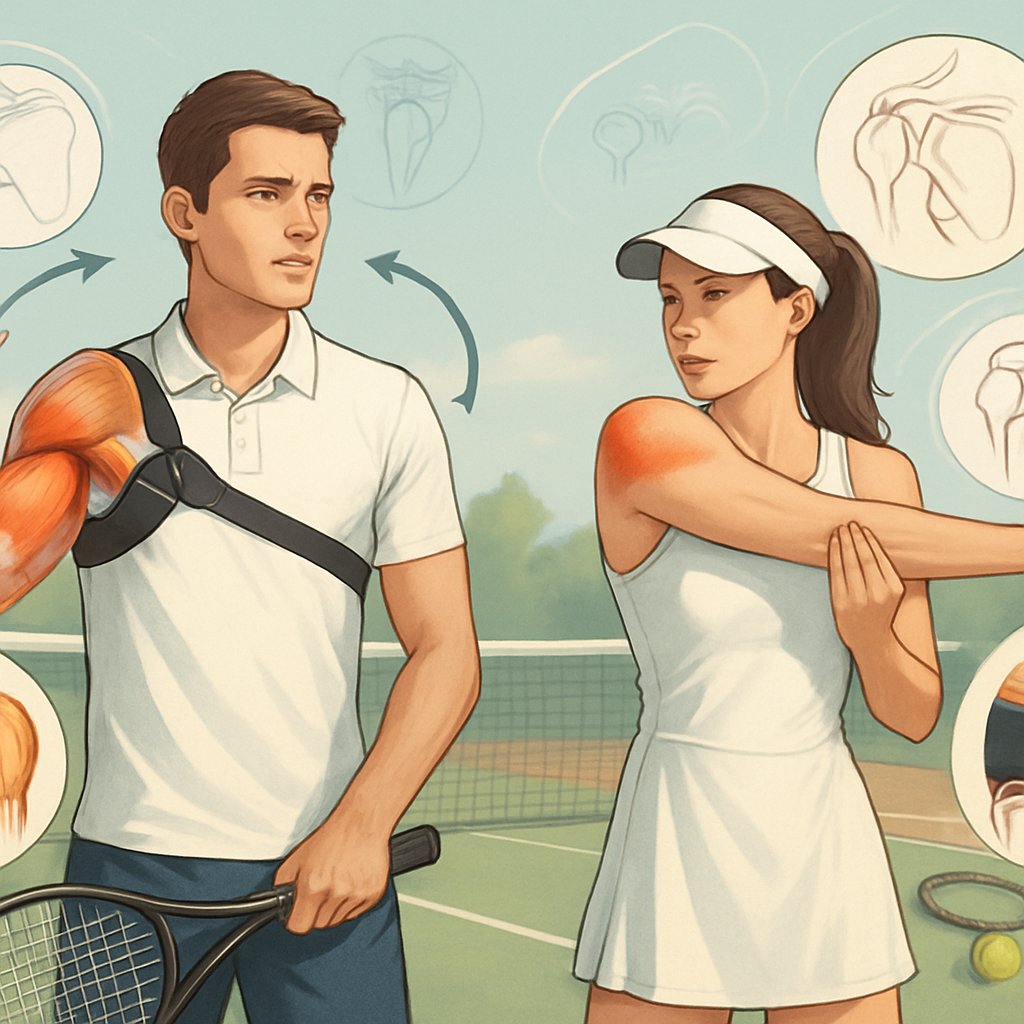 Two tennis players warming up their shoulders on a tennis court with visual highlights of shoulder muscles and proper movement techniques.