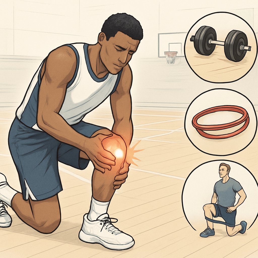 A basketball player on a court holding their knee in pain while a trainer demonstrates knee-strengthening exercises nearby.