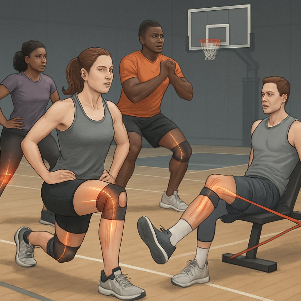 Athletes performing leg strength exercises on a basketball court with highlighted muscles around the knees to show knee health and injury prevention.