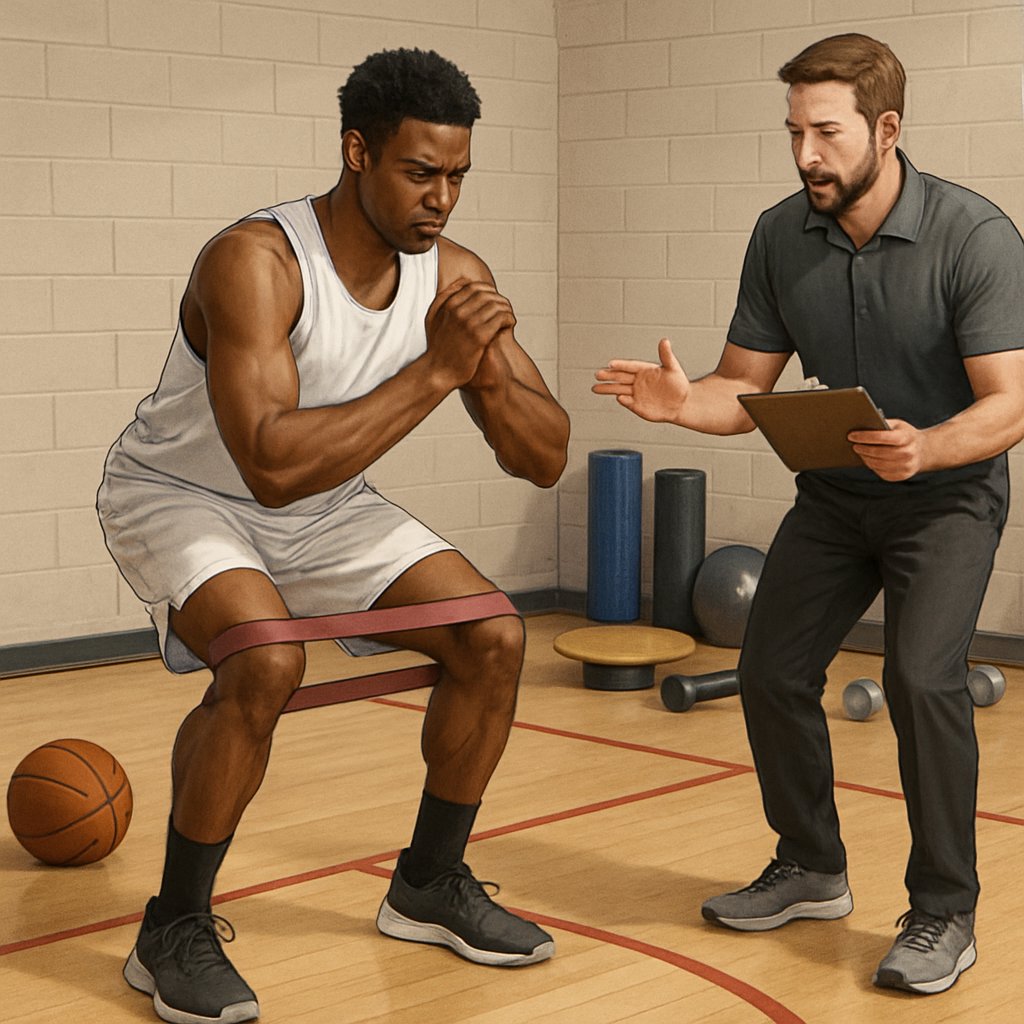 A basketball player on an indoor court performing knee strengthening exercises with a trainer guiding nearby and gym equipment visible around them.