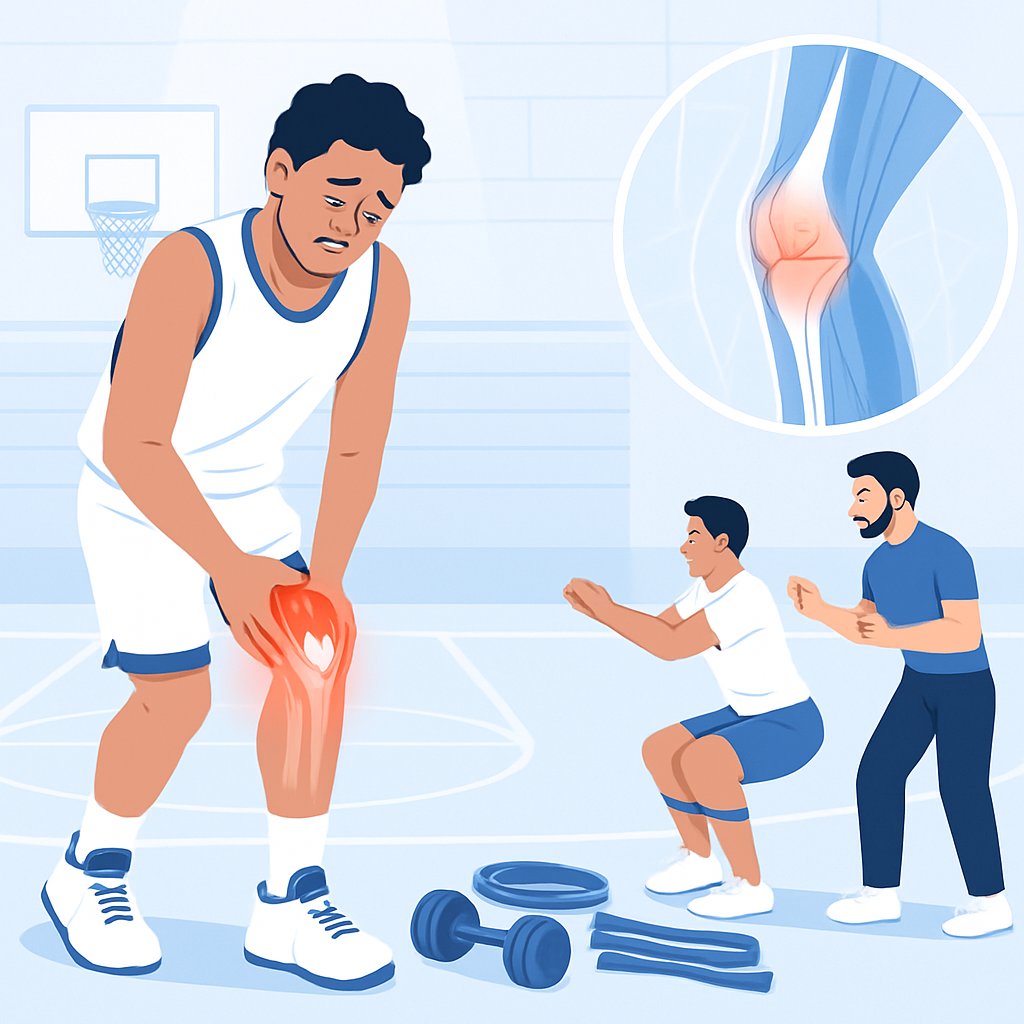 A basketball player on a court holding their knee in pain, with a trainer and strength training equipment nearby.