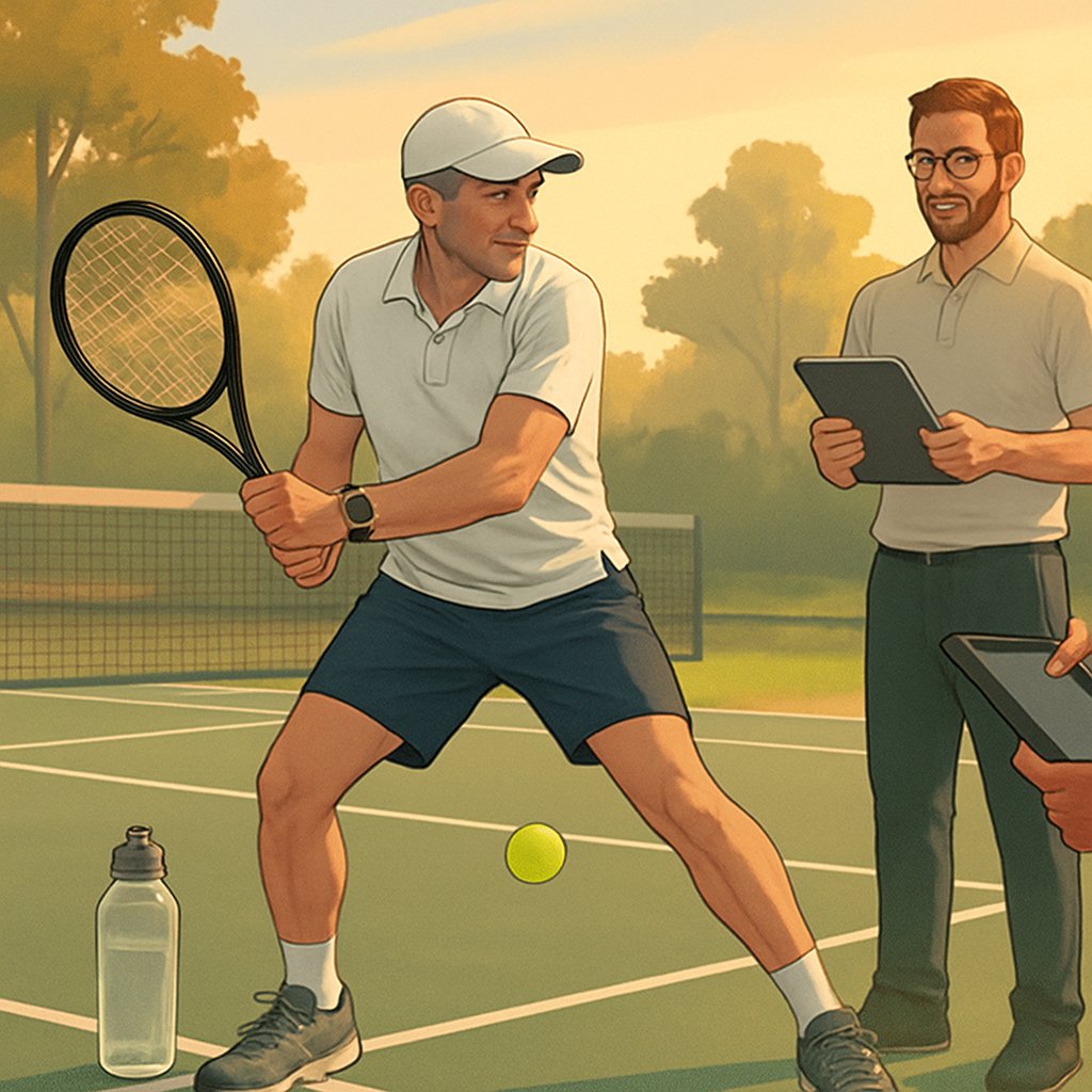 A mature tennis player practicing on an outdoor court with a coach nearby, focusing on controlled and efficient movement during training.