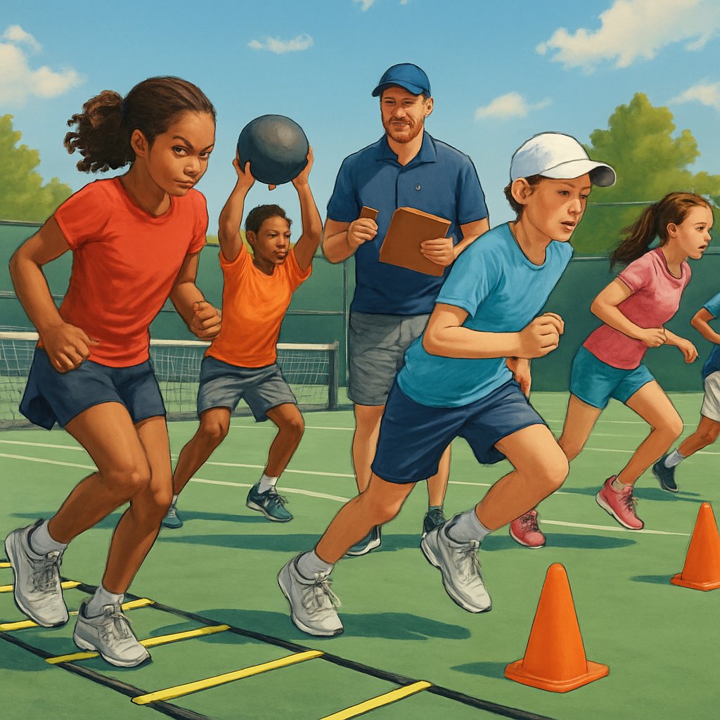 Young athletes practicing tennis conditioning exercises on an outdoor court with a coach guiding them.