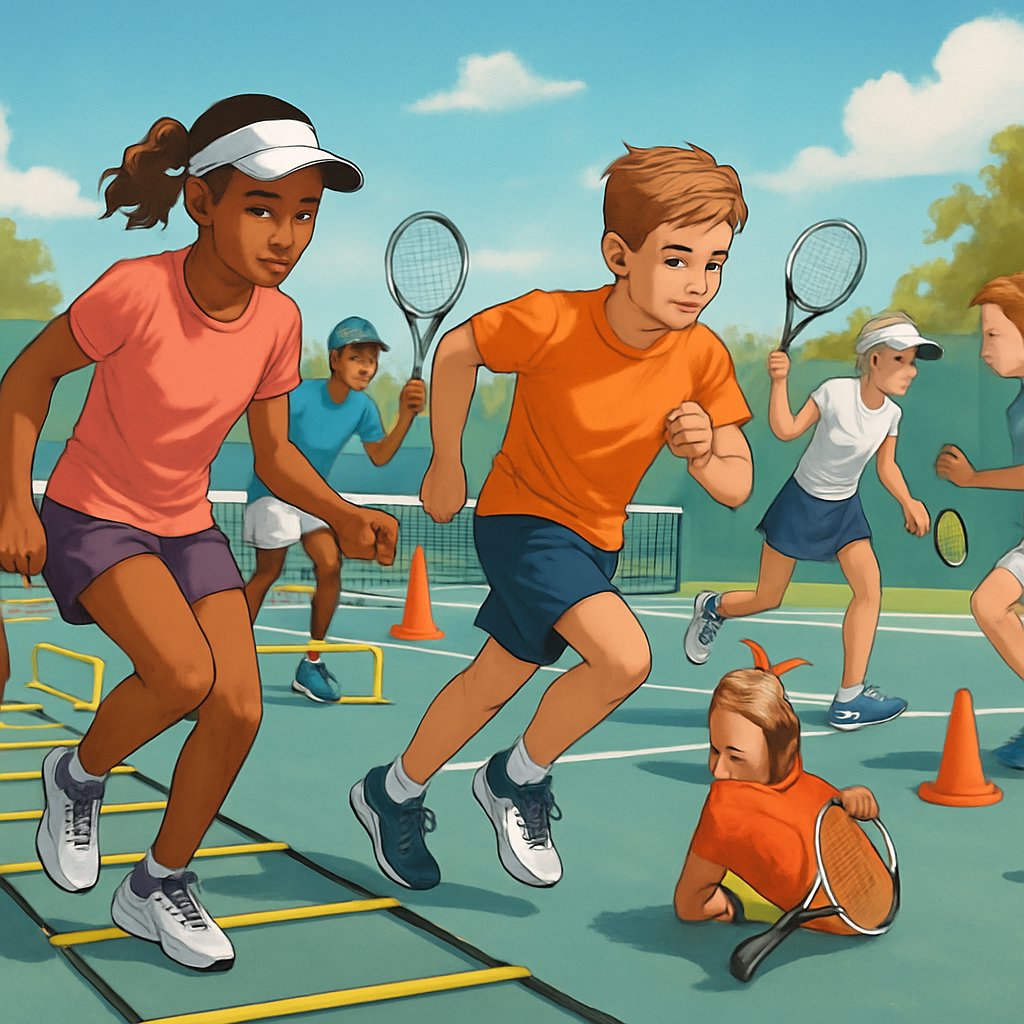 A group of young tennis players doing various conditioning exercises on an outdoor tennis court with training equipment around them.