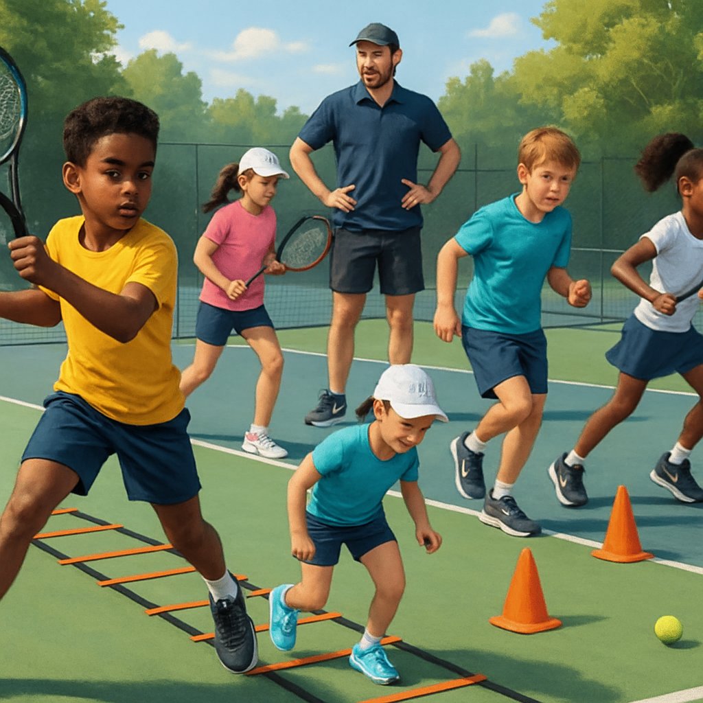 Young athletes practicing tennis drills and exercises on an outdoor tennis court with a coach guiding them.