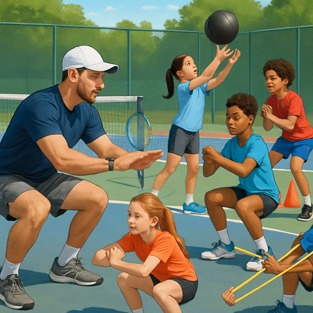 Young athletes training with a coach on a tennis court, performing strength exercises and conditioning drills.