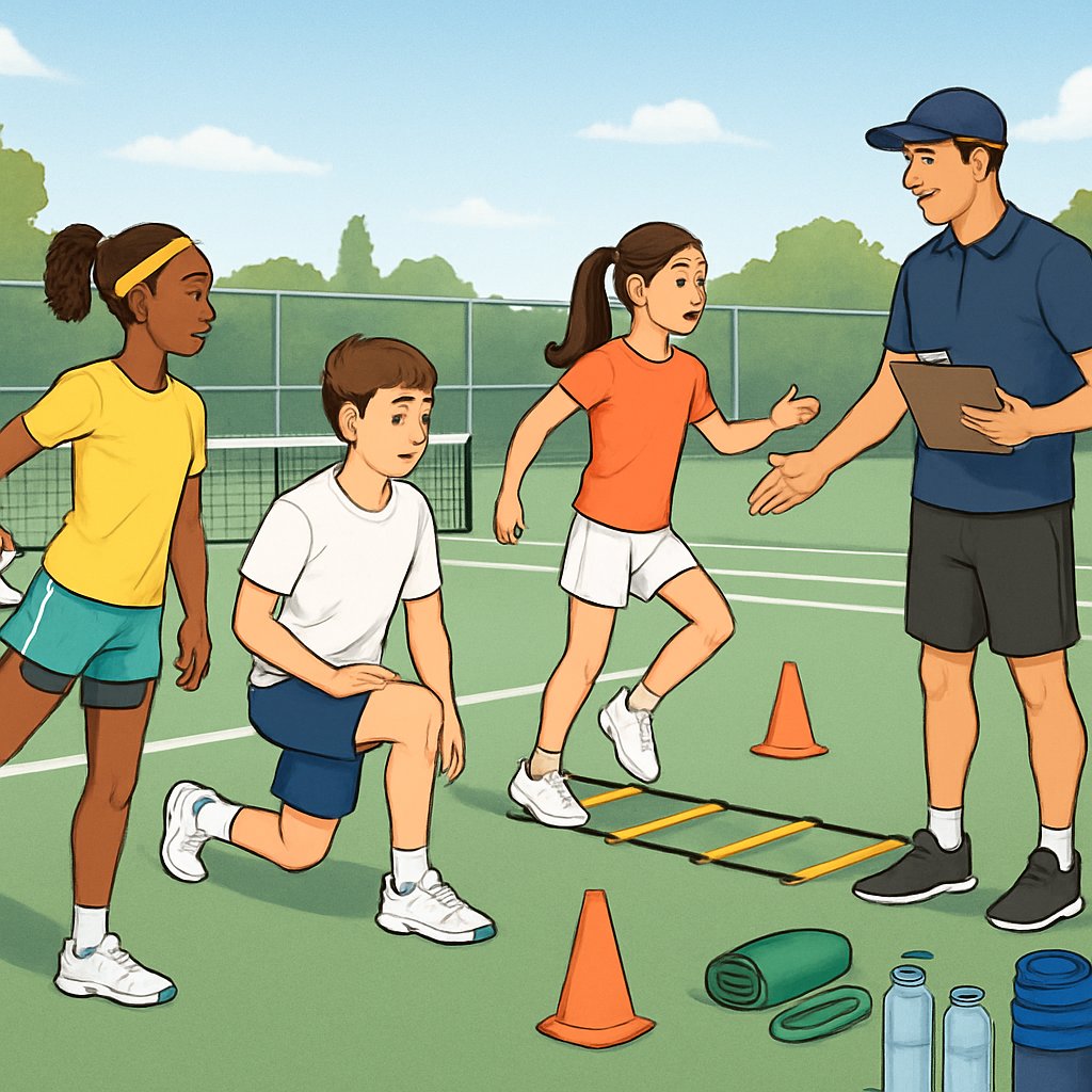 Young tennis players warming up and stretching on an outdoor tennis court with a coach guiding them, surrounded by equipment for recovery and conditioning.