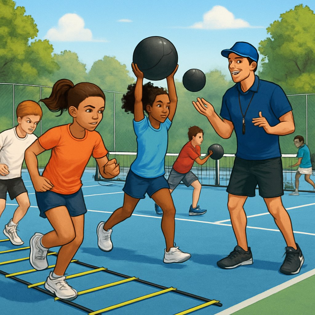 Young athletes performing conditioning exercises on a tennis court with a coach guiding them.