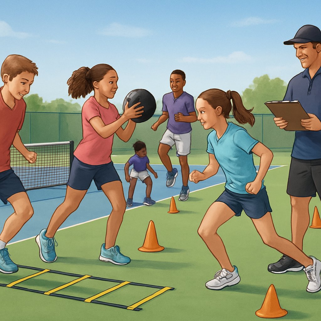 Young athletes performing tennis conditioning exercises on a tennis court with a coach supervising.