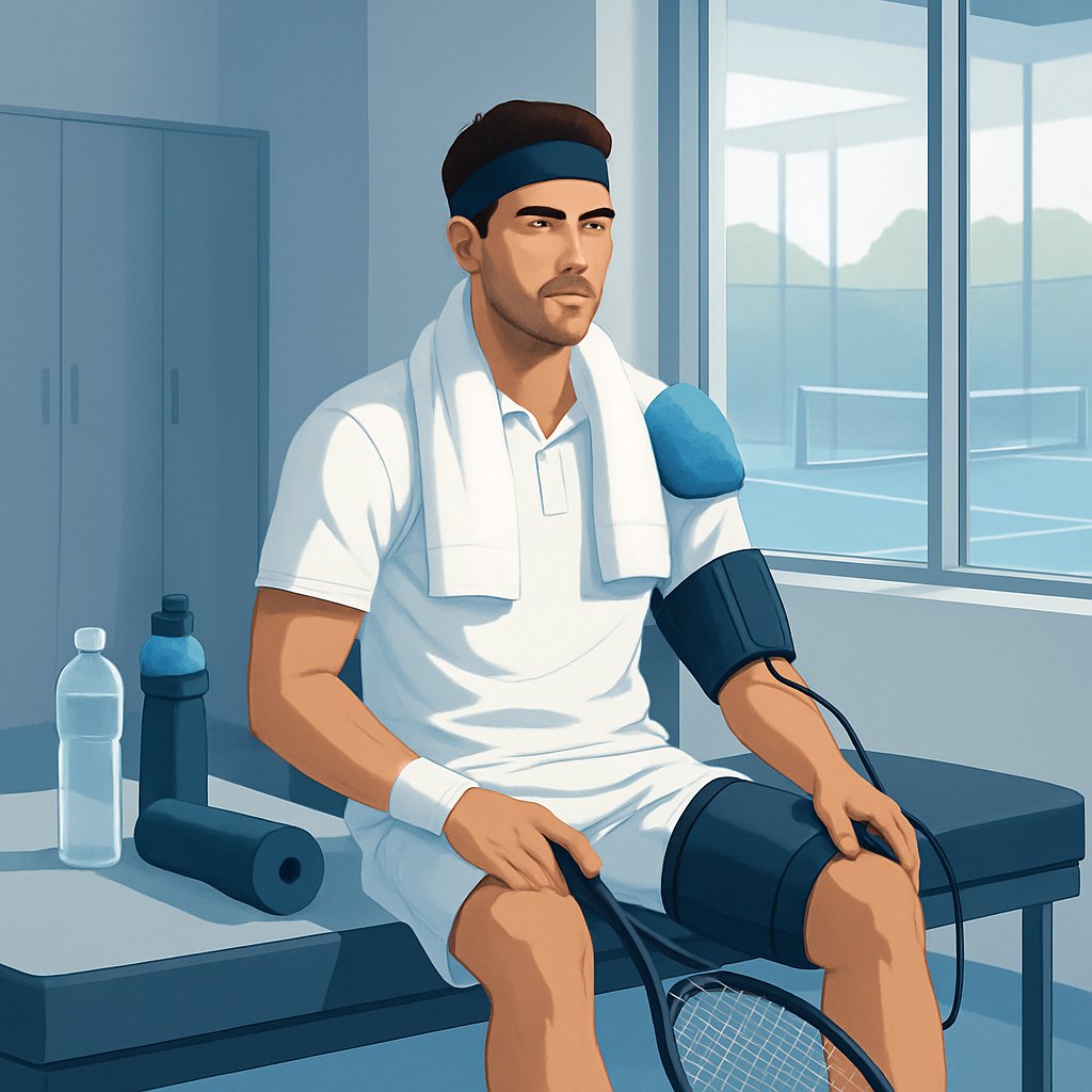 A tennis player resting in a sports recovery room with recovery equipment and hydration nearby.