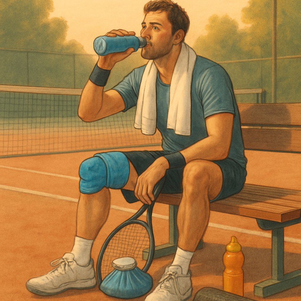 A tennis player resting on a bench by a tennis court with recovery items like an ice pack and foam roller nearby.