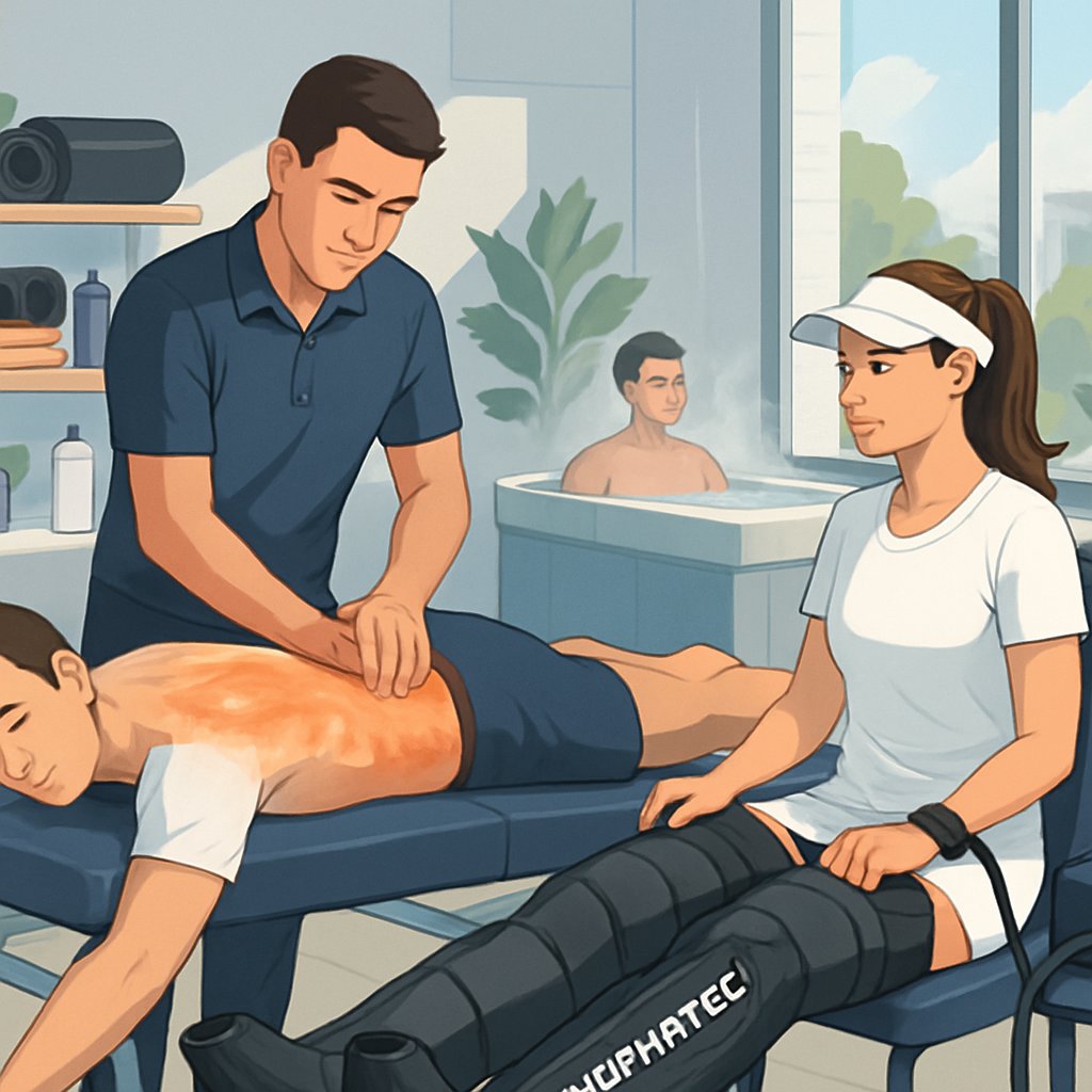 Two tennis players undergoing physical recovery treatments in a sports recovery center, including massage, compression therapy, and ice bath.