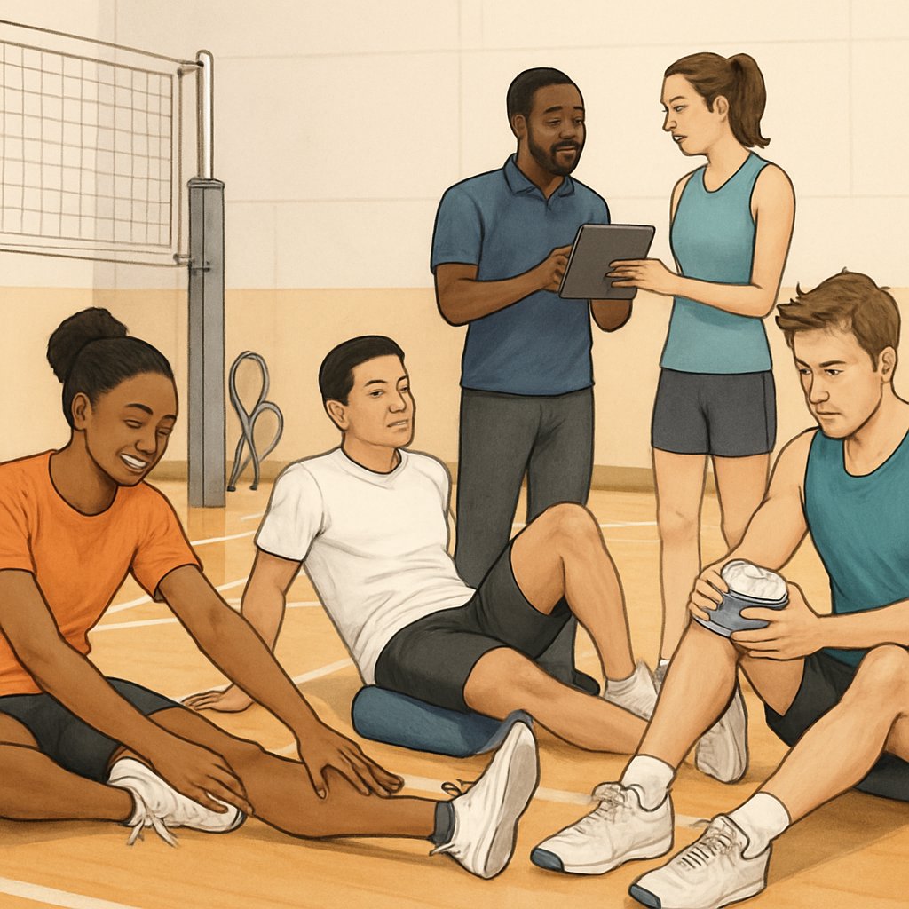 Athletes of different skill levels recovering after a match with stretching, foam rolling, ice therapy, and trainer guidance on an indoor sports court.