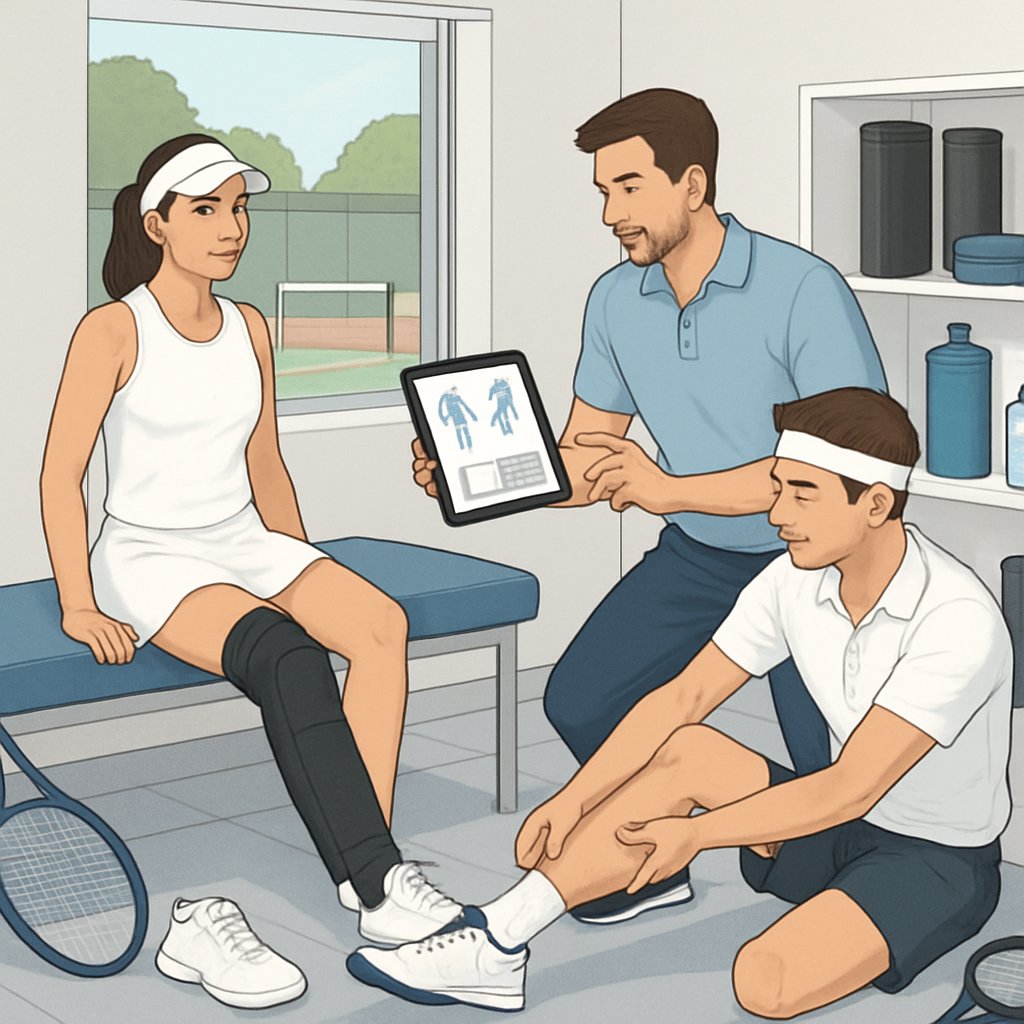 Two tennis players receiving post-match recovery treatment from a sports physiotherapist in a clinic with tennis equipment nearby.