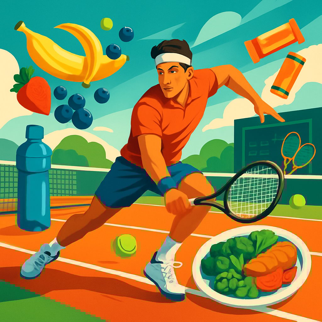 A tennis player in action on a court surrounded by images of healthy foods and sports equipment.