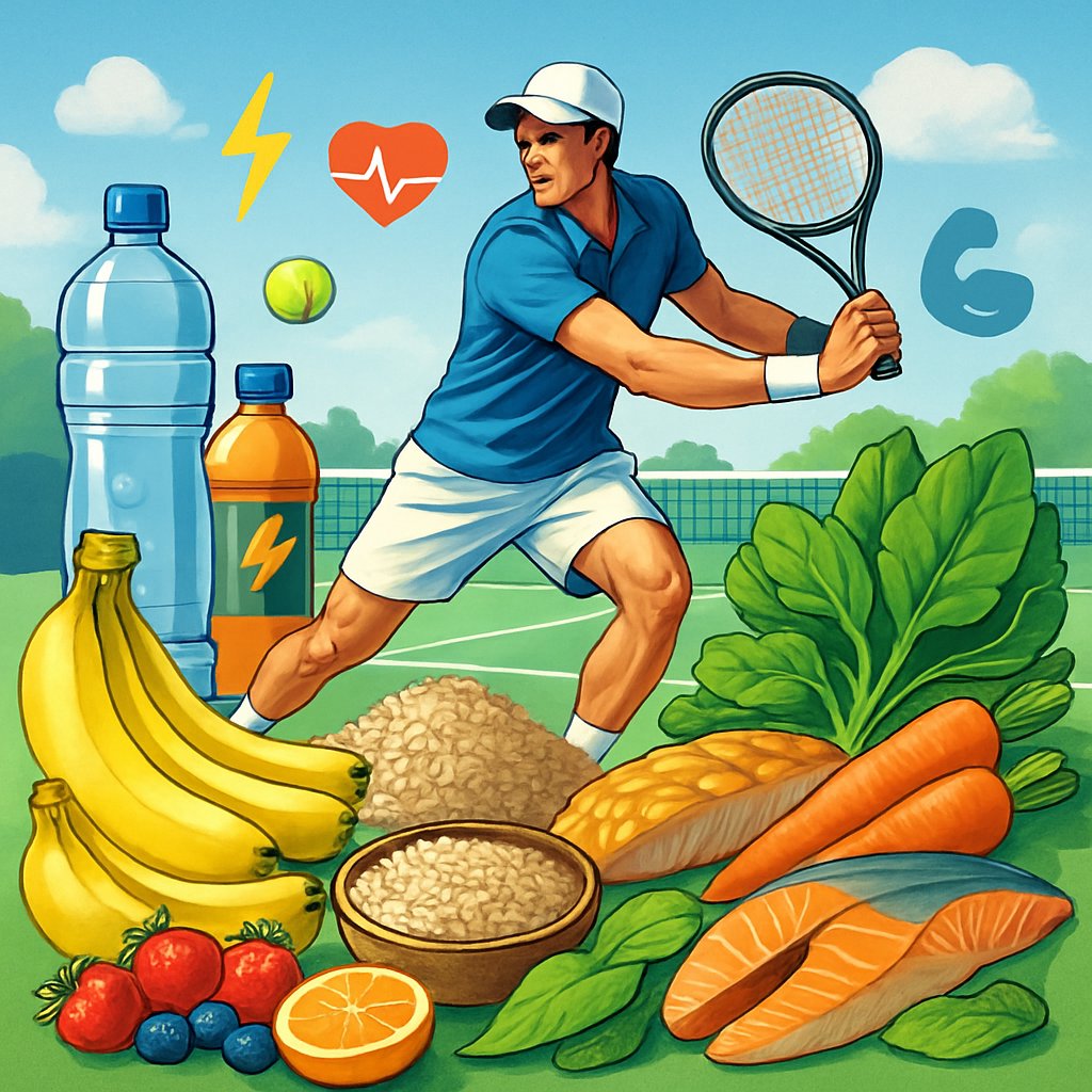 A tennis player in action on a court surrounded by images of healthy foods like fruits, vegetables, grains, and water, symbolizing nutrition for peak athletic performance.