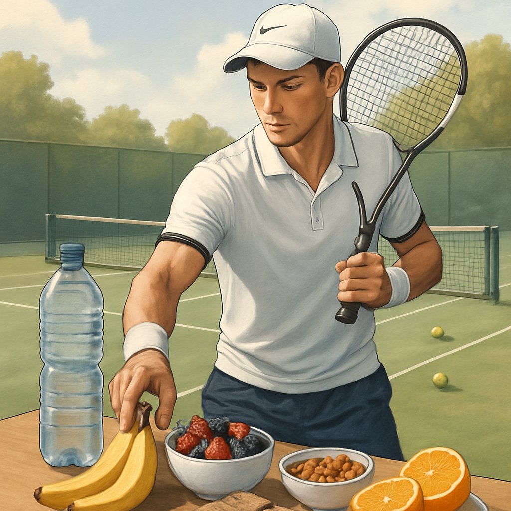 A tennis player standing next to a table with healthy foods like fruits, energy bars, and drinks, preparing for a match on a tennis court.