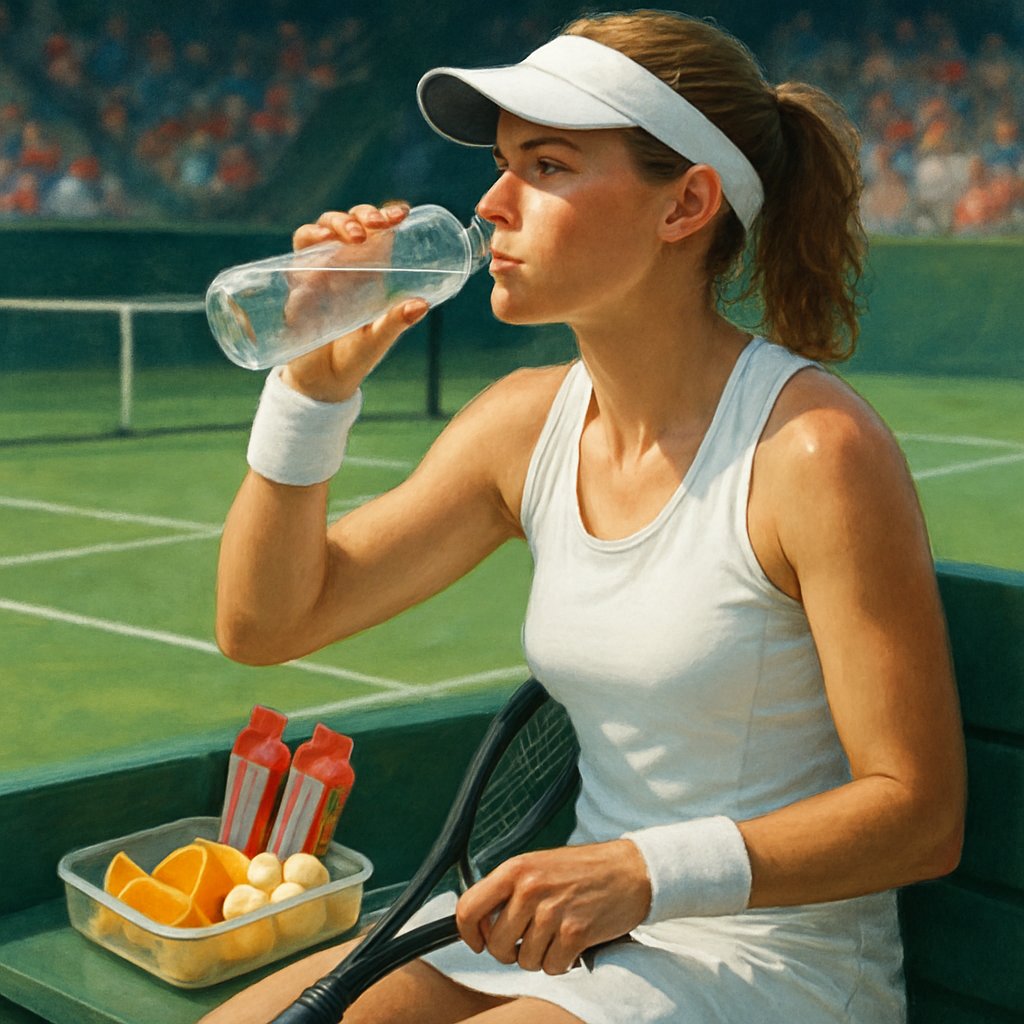 Tennis player taking a break on the court, holding a water bottle with energy snacks and fruit on a bench nearby.