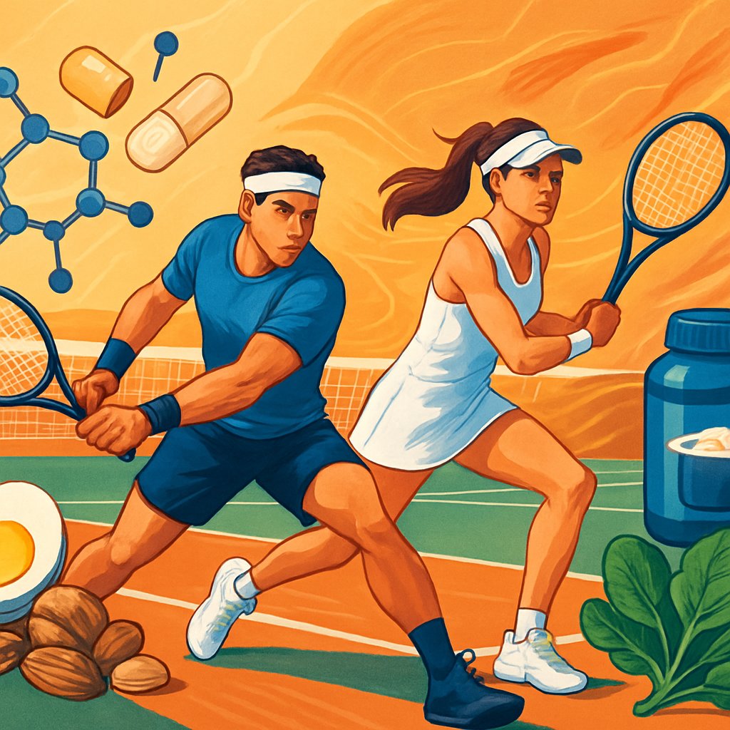 Two tennis players in action on a court surrounded by images of protein molecules, supplements, and healthy foods symbolizing nutrition for athletic performance.