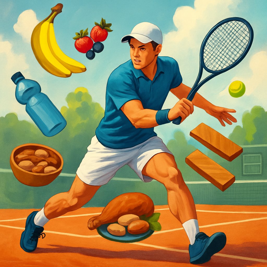 A tennis player swinging a racket on a court surrounded by healthy foods like fruits, nuts, and a water bottle.