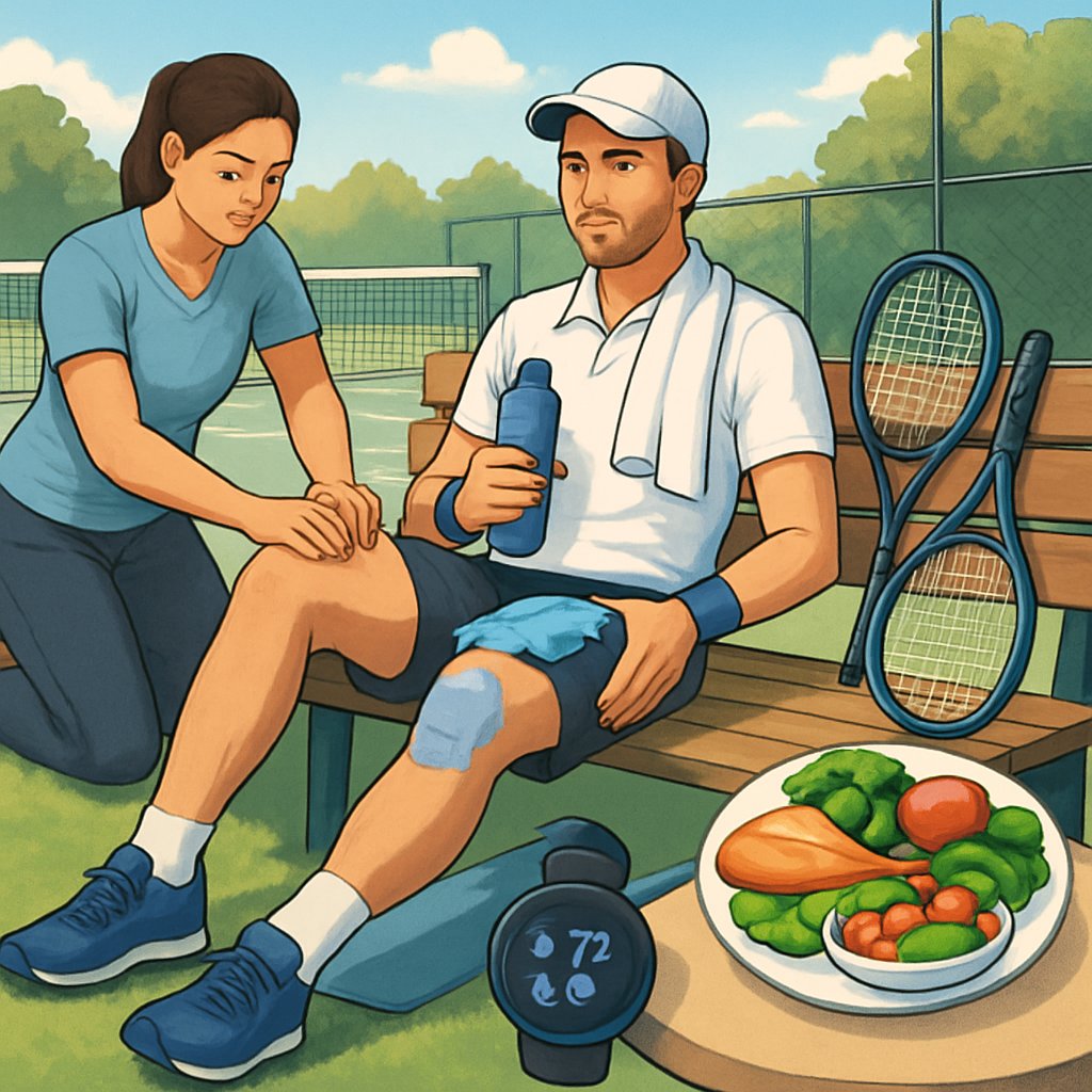 A tennis player resting on a bench by a tennis court with a physiotherapist massaging his leg and recovery items nearby.